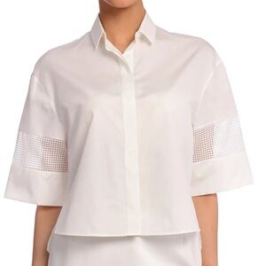 💙 Akris Punto Cream Poplin 100% Cotton Laser Cut Short Sleeve Boxy Blouse